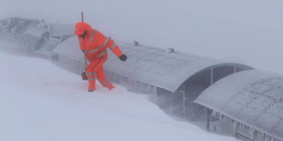 Mitarbeiter der Servicegesellschaft versuchen einen Zug der Harzer Schmalspurbahn, der seit Montag auf dem Brocken eingeschneit ist, vom Schnee zu befreien.