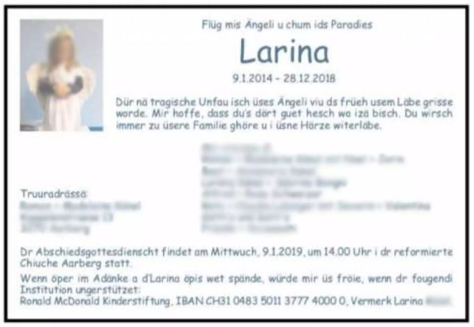 Die Todesanzeige der kleinen Larina, die bei einem Skiunfall an der Lenk ums Leben kam. Larina