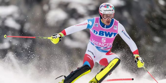 Daniel Yule beim Slalom in Wengen BE. Daniel Yule