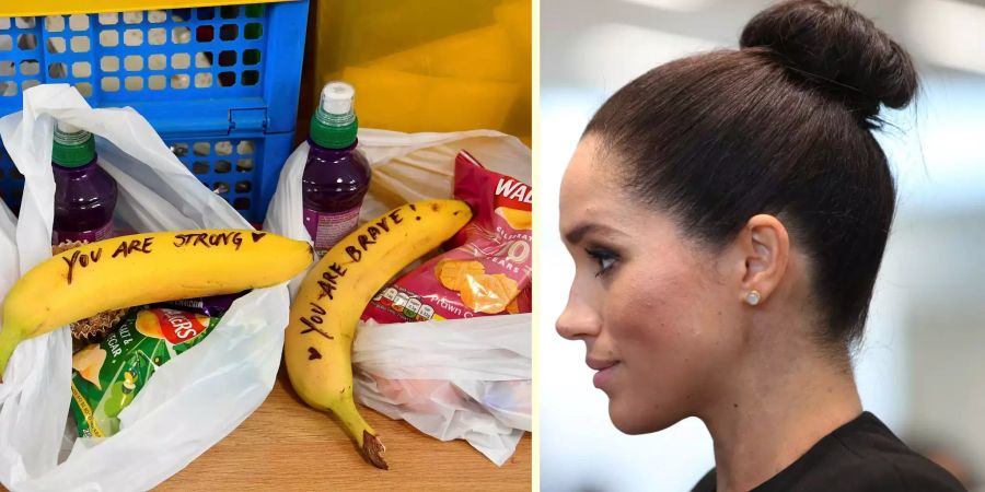 Oops: Meghan setzt sich bei einem Charity-Event – prostituierte Frauen standen im Zentrum des Anlasses – ins Fettnäpfchen: Die Herzogin kritzelte auf Bananen Botschaften.