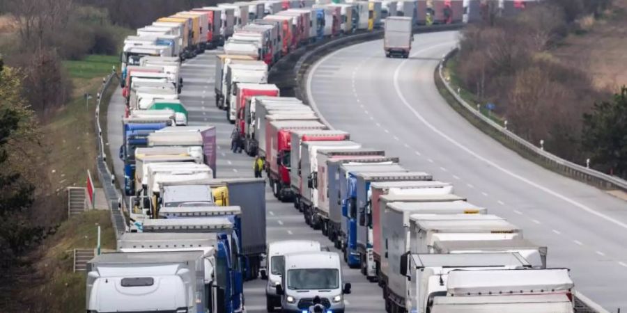 Tausende Lastwagenfahrer müssen in einem Kilometerlangen Stau vor der Grenze zu Polen ausharren. Foto: Robert Michael/dpa-Zentralbild/dpa