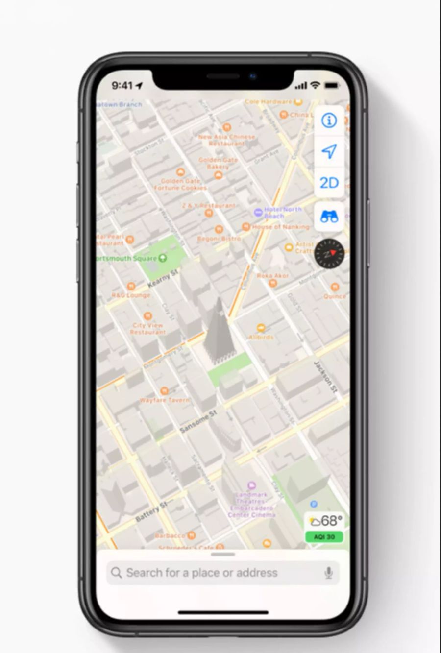 Der Kartendienst Apple Maps hat ein Redesign erhalten. Künftig kann zwischen einer 3D- und 2D-Ansicht hin- und hergewechselt werden.