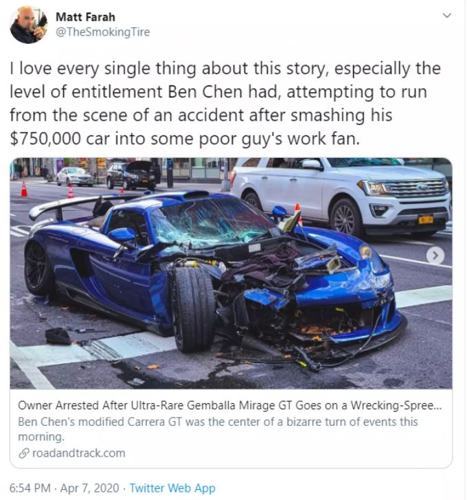 Ein Twitter-User äussert sich über den Unfall von Ben Chen mit dem Gemballa Mirage GT: «Ich liebe jedes einzelne Detail an dieser Geschichte, besonders das Gefühl von Berechtigung, das Ben Chen hatte, als er versuchte, vom Unfallort zu fliehen, nachdem er sein 750'000-Dollar-Auto in den Minivan eines armen Mannes gerammt hatte» gemballa mirage gt