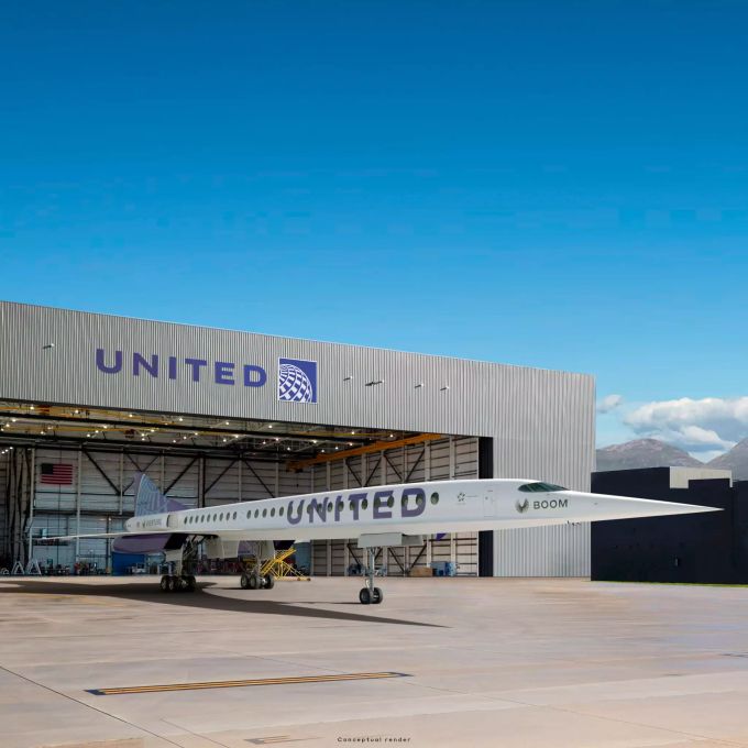 HANDOUT - 03.06.2021, USA, New York: Dieses von Boom Supersonic zur Verfügung gestellte Foto zeigt eine Darstellung des Boom Supersonic Jets von United Airlines, dessen Geschwindigkeit Überschall erreichen soll. United Airlines Überschall Jet