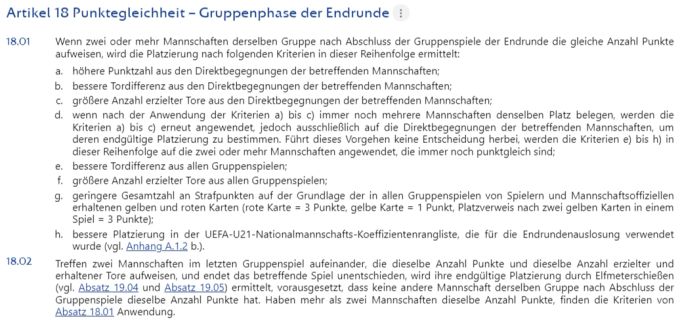 Das Uefa-Reglement zu einer allfälligen Punktegleichheit nach drei Gruppenspielen an der U21-EM. uefa u21 nati