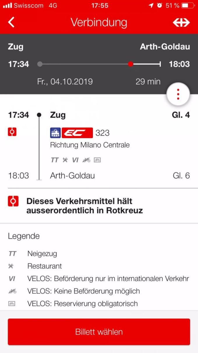 Der Fahrplan aus dem SBB-App. SBB