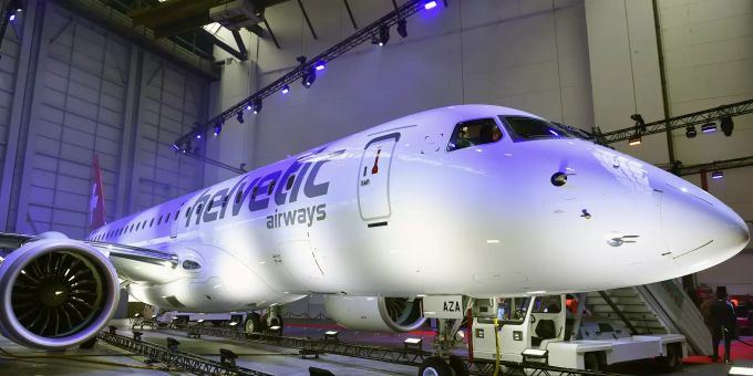 Premiere und Einweihung des Embraer E190-E2 der Helvetic Airways an einem Medienanlass auf dem Flughafen Zürich in Kloten im Oktober 2019. Embraer 190 helvetic airways