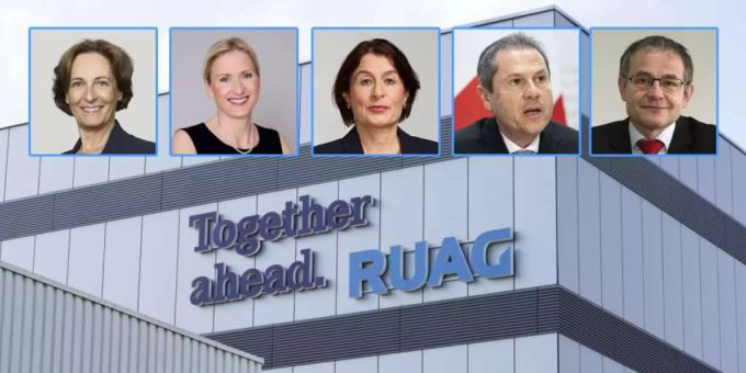 Ausnahmen bestätigen die Regel: Den Verwaltungsrat der Ruag hat der Bundesrat mit 60 Prozent Frauen besetzt (v.l.n.r.: Monica Duca Widmer, Ariane Richter Merz, Monika Krüsi Schädle, Remo Lütolf und Nicolas Perrin. Ruag Verwaltungsrat Frauenquote