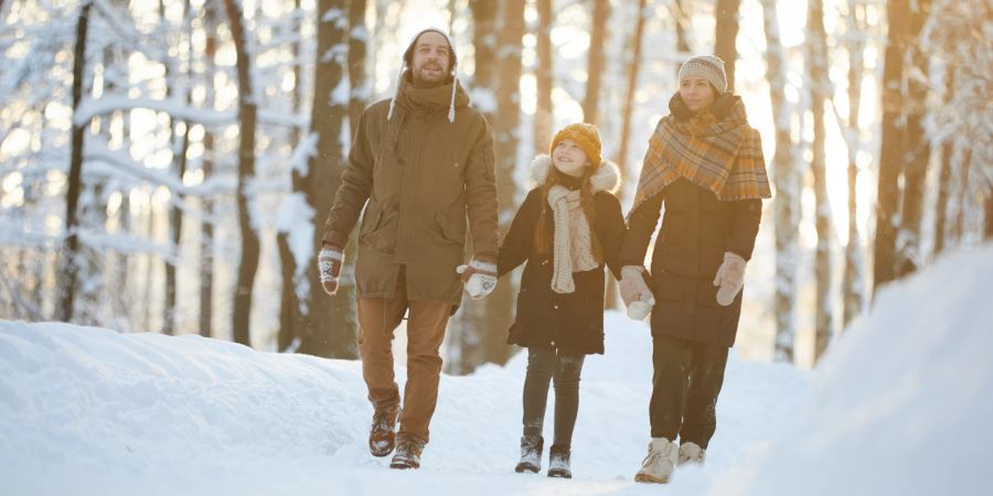 Idyllisches Bild: Eine Familie auf einem Waldspaziergang im Winter. Meistens fühlt sich das Familienleben in der Schweiz nicht so grossartig an.