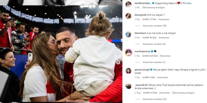 Merih Demiral wird an der EM 2024 von seiner Frau Heidi geherzt. em 2024