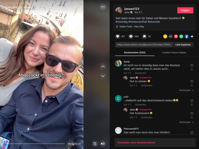 In einem TikTok-Video zeigt sich ein deutsch-österreichisches Paar überrascht, dass man in Venedig eine «Besteck-Gebühr» zahlen soll. Deutsches Ulrauberpärchen
