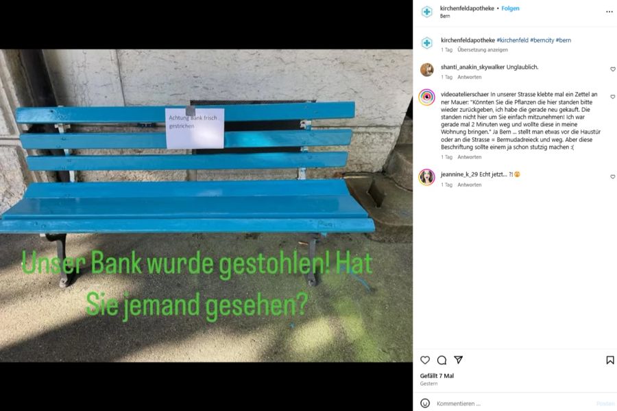 Auch auf Instagram bittet man um Mithilfe: «Hat jemand unsere Sitzbank gesehen?»
