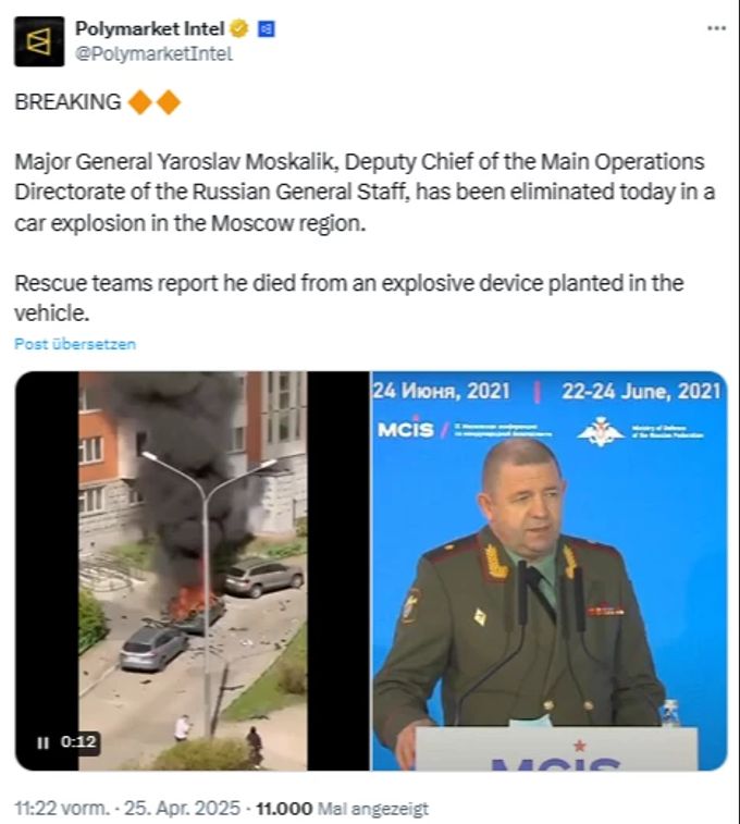 Bei einer Explosion in einem Moskauer Vorort wurde ein russischer General getötet. Russland
