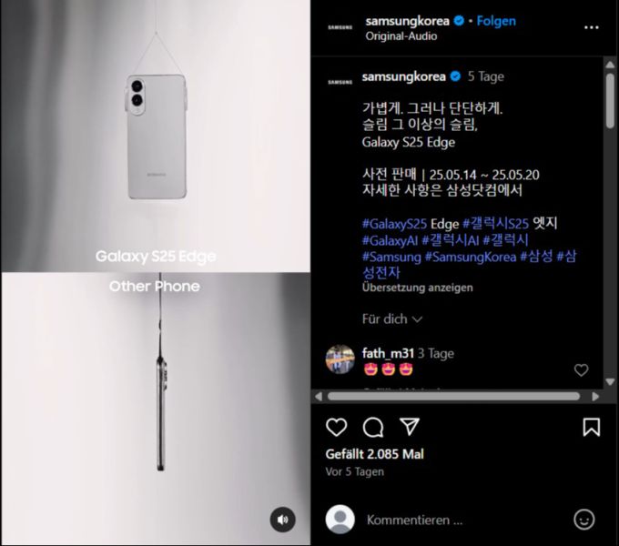 Samsung Galaxy S25 Edge: Mit einem Augenzwinkern inszeniert das Unternehmen das Duell gegen das iPhone. samsung galaxy s25 edge