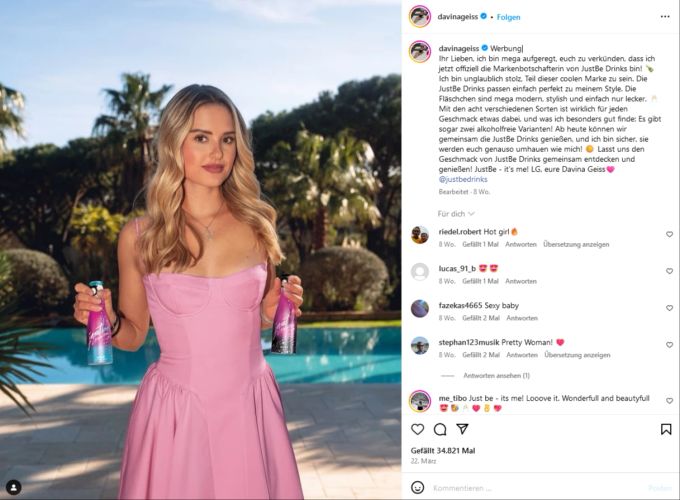 Davina ist Markenbotschafterin von «JustBe Drinks». arbeit davina