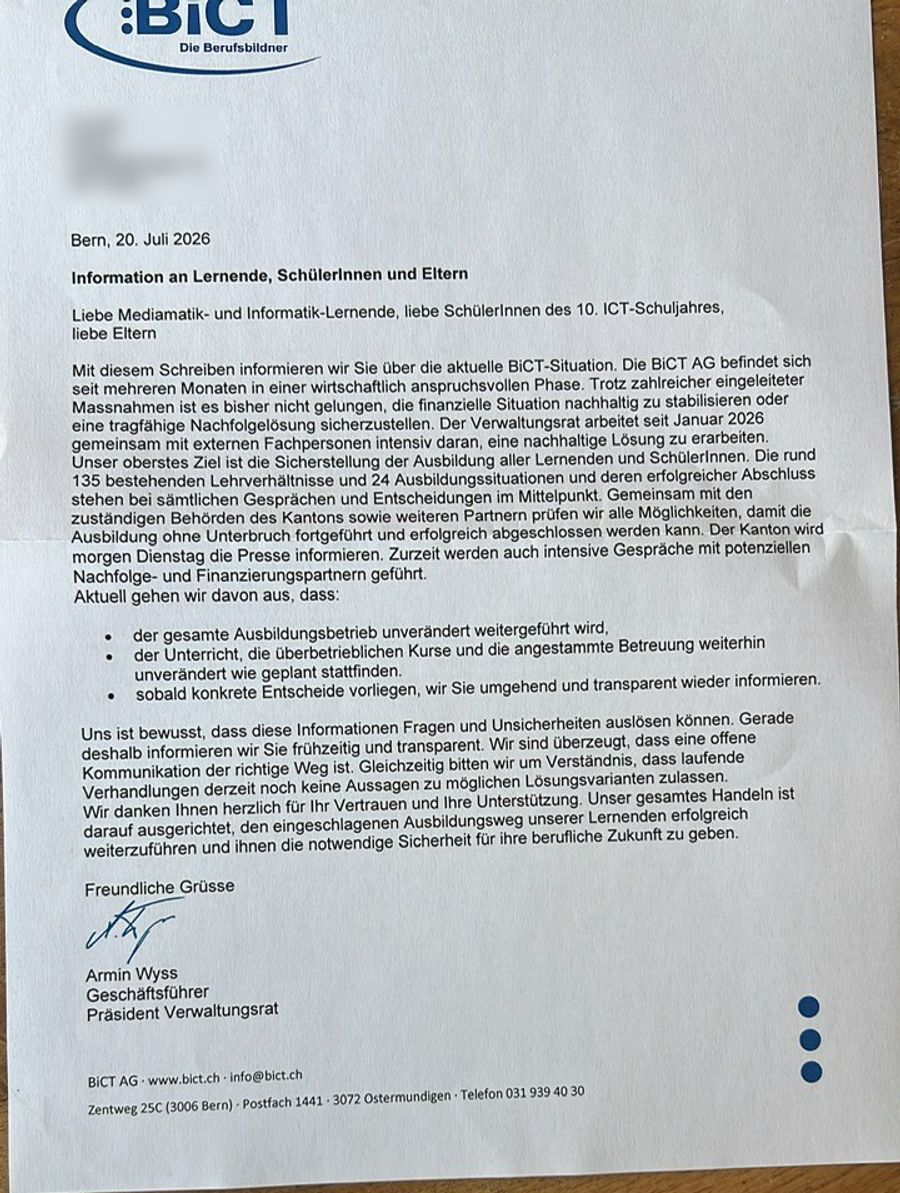Der Brief des BiCT-Geschäftsführers Armin Wyss an die Lernenden und deren Eltern.