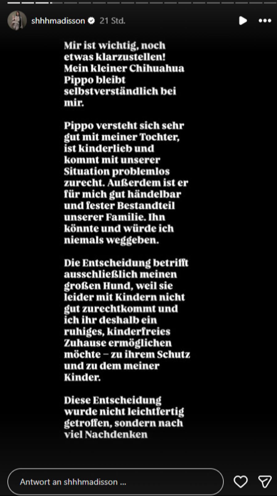 Ihren kleinen Hund Pippo behält sie weiterhin.