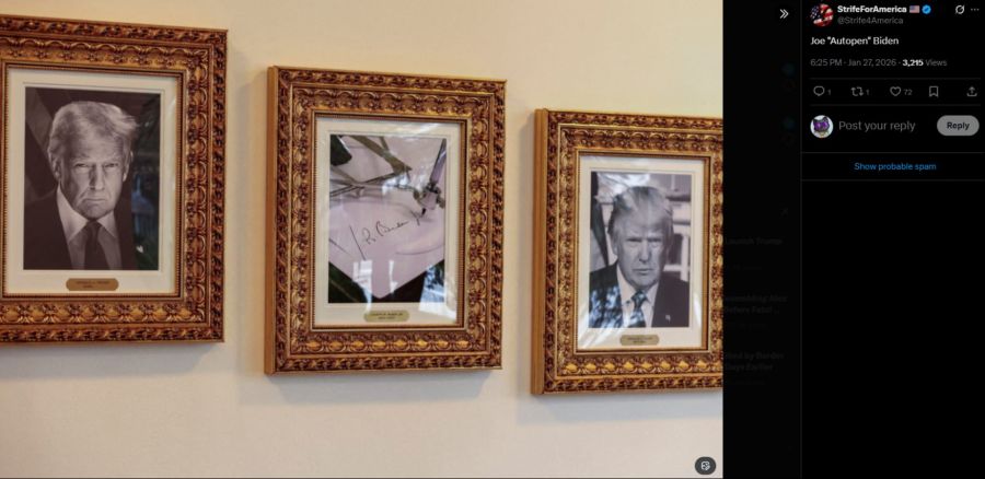 Donald Trump hat im Weissen Haus einen «Walk of Fame» der US-Präsidenten erstellt. Auf dem Bild zu Joe Biden ist ein «Autopen» zu sehen – also ein Unterschriften-Automat.