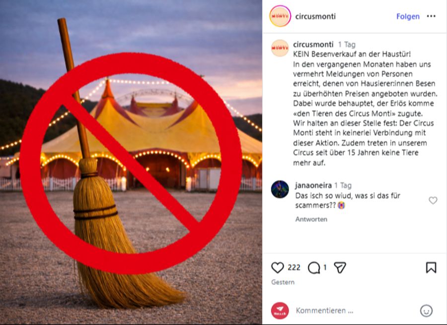 In diesem Post warnt der Circus Monti vor der Besen-Masche.