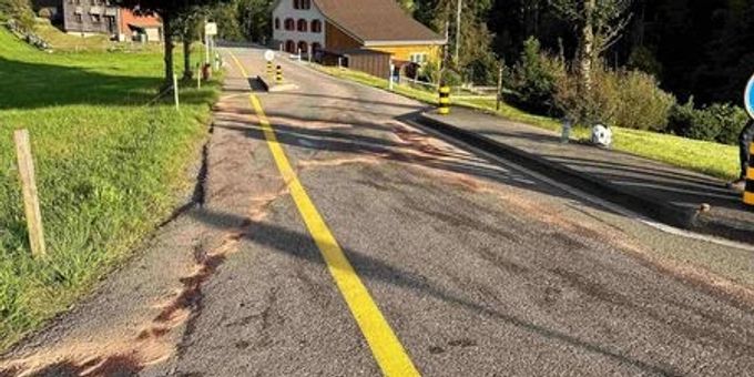 Verschmutzte Fahrbahn nach Selbstunfall in Herisau. Selbstunfall in Herisau.