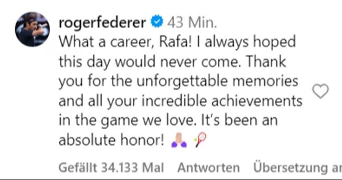 Roger Federer kommentiert das Rücktritts-Video von Rafael Nadal. Roger Federer