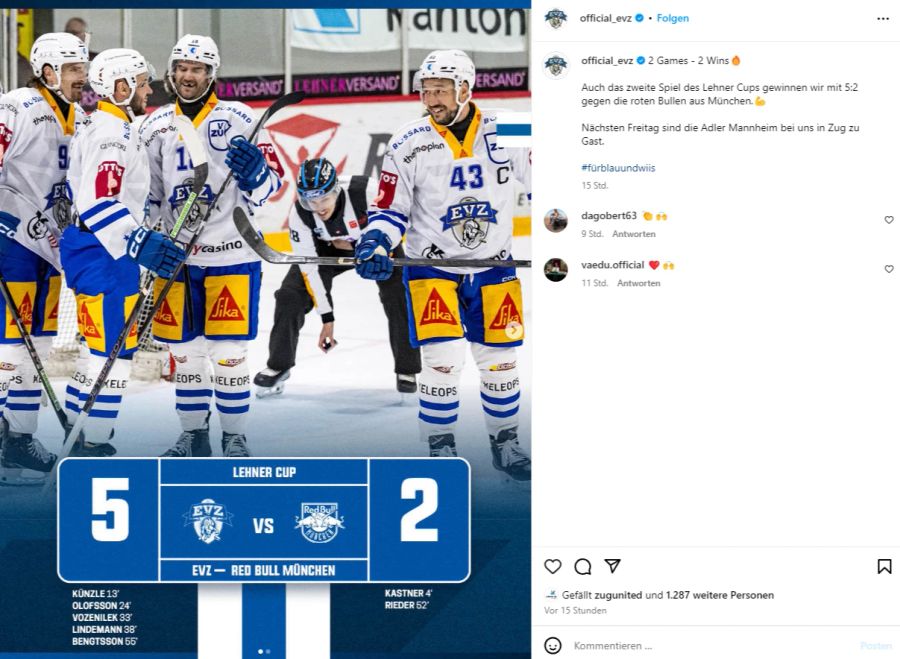 Auch gegen den EHC Red Bull München feiern die Zuger einen Sieg.