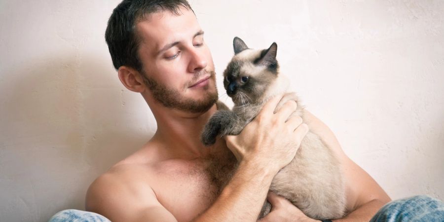 Katze mit oberkörperfreiem Mann