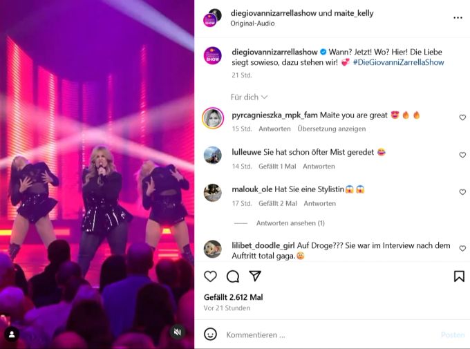 In der «Giovanni Zarrella Show» stellte Maite Kelly ihre neue Single vor und sang später gemeinsam mit dem Moderator ein ABBA-Medley. giovanni zarrella shoq
