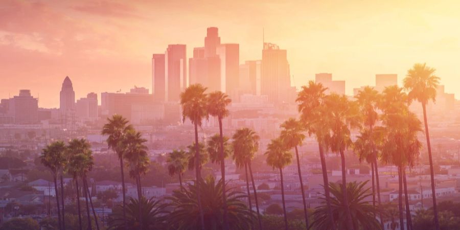 Sonnenuntergang in Los Angeles Skyline Palmen
