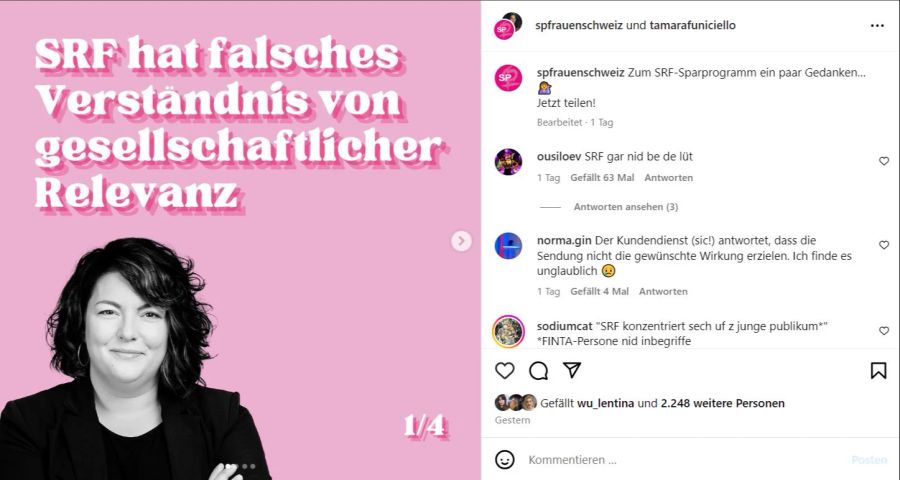 SP Frauen und Tamara Funiciello veröffentlichen auf Instagram eine Stellungnahme.