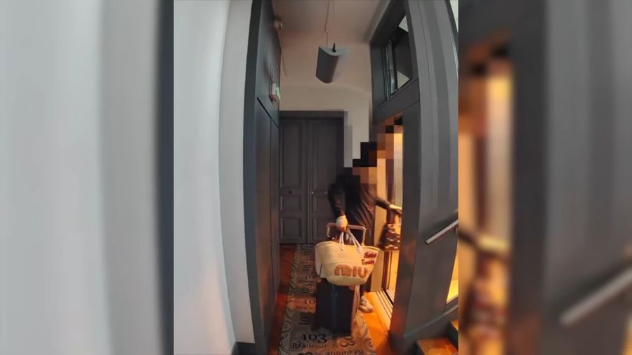 Mit Koffer voller Diebesgut verliessen sie die Wohnung.