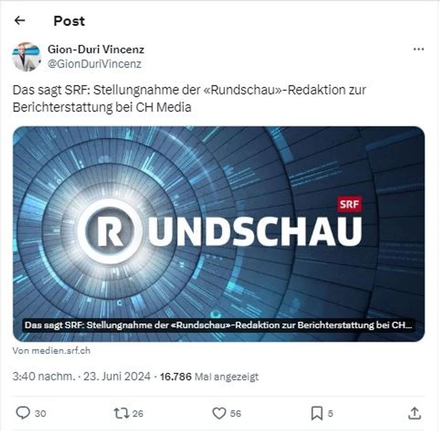 Der «Rundschau»-Moderator Gion-Duri Vincenz hat die Stellungnahme der Redaktion auf X geteilt.