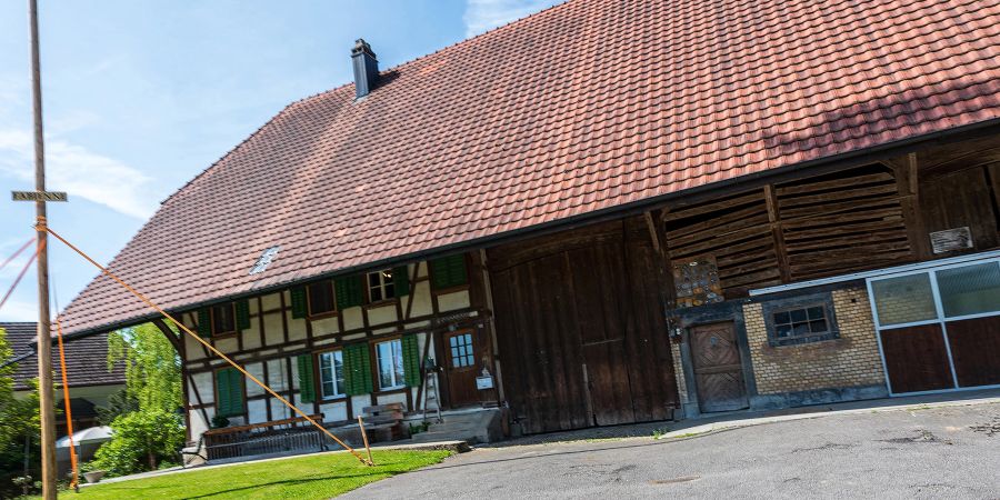 Ein Bauernhaus mit einem Maibaum in Recherswil.