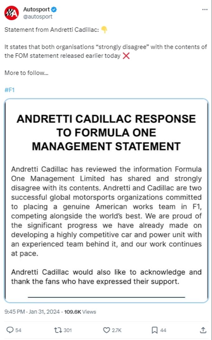 Das Statement von Andretti-Cadillac zeigt das grosse Unverständnis über den Entscheid der Formel 1. Andretti Statement
