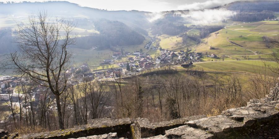 Blick von der Ruine Schenkenberg auf Thalheim im Schenkenbergertal. Das Tal wird durch zwei Höhenzüge des Faltenjuras begrenzt.