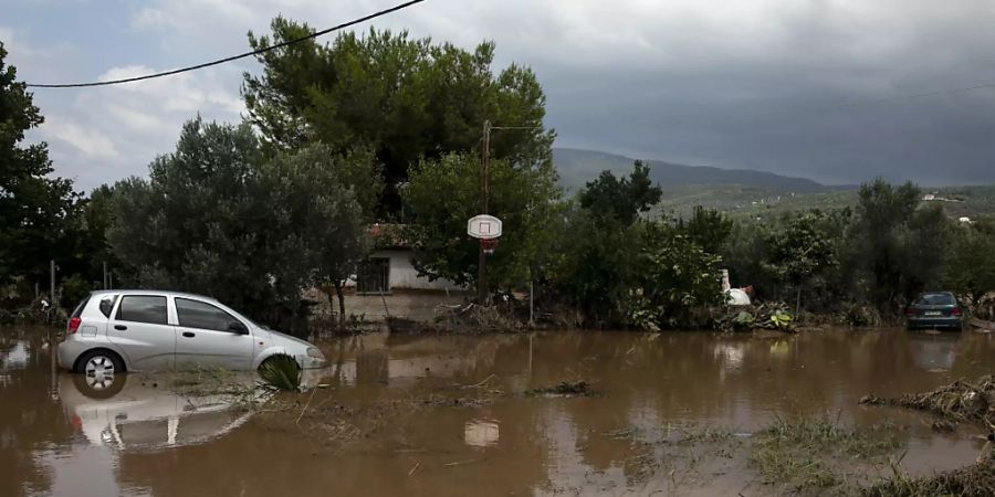 Zwei beschädigte Autos auf einer überfluteten Strasse in Politika nordöstlich von Athen. Foto: Yorgos Karahalis/AP/dpa