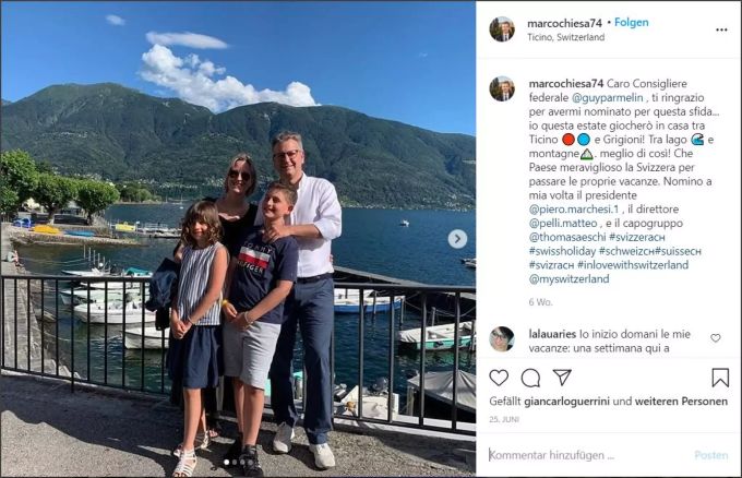Der Ständerat und wohl zukünftige SVP-Präsident Marco Chiesa mit seiner Frau und ihren zwei Kindern. Marco Chiesa mit Familie