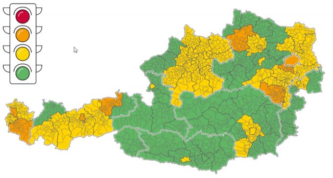 Die Corona-Ampel Österreichs: Immer mehr Gebiete werden Orange – vor allem in der Region um Wien und an der Schweizer Grenze. Coronavirus Risikogebiete Österreich Quarantäneliste