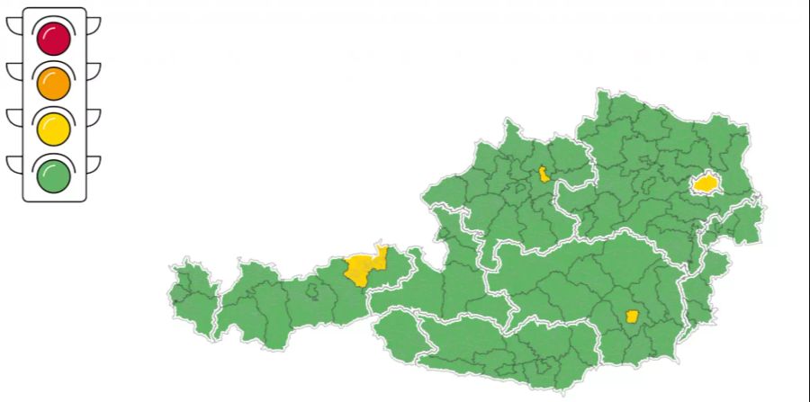 Die erste Ampelschaltung in Österreich vom 4. September. Sie bildet die Entwicklung des Coronavirus in den Regionen ab und wird jeweils am Freitag angepasst.