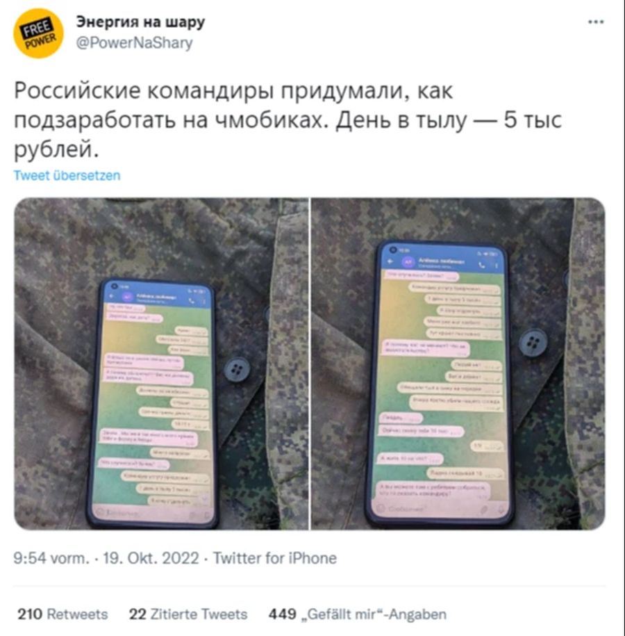 In diesem Chatverlauf bittet ein Soldat seine Familie um Geld. Nur so könne er ihm Ukraine-Krieg Ruhetage erhalten.