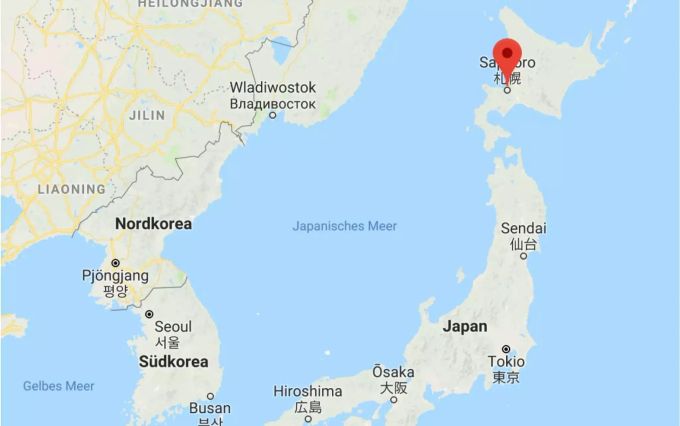 Ein Screenshot zeigt den in Google Maps markierten Standort von Hokkaidos Hauptstadt Sapporo. Ein Screenshot zeigt den in Google Maps markierten Standort von Hokkaidos Hauptstadt Sapporo.
