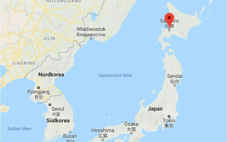 Ein Screenshot zeigt den in Google Maps markierten Standort von Hokkaidos Hauptstadt Sapporo.