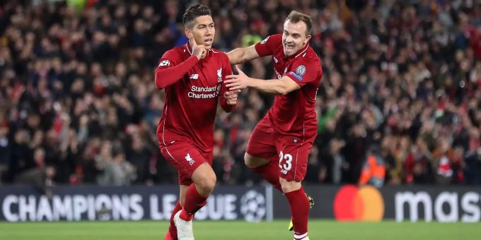 Xherdan Shaqiri feiert den Torschützen Roberto Firmino. Roberto Firmino Shaqiri