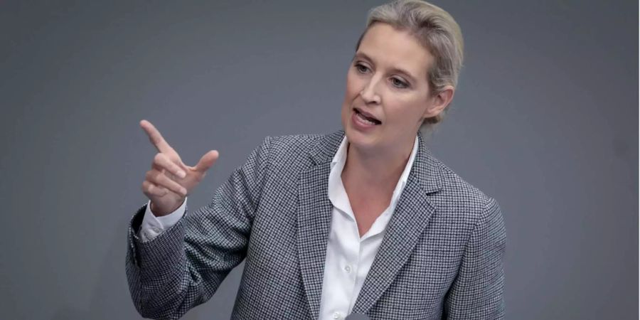 Alice Weidel, Fraktionsvorsitzende der AfD, gestikuliert, während sie bei der Generaldebatte im Deutschen Bundestag in Berlin spricht.