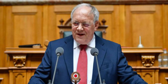 Der abtretende Bundesrat Johann Schneider-Ammann spricht zur Vereinigten Bundesversammlung.