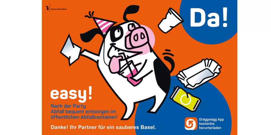 Das Plakat der Kampagne «sauberes Basel» mit dem Schweinehund als Symbolbild.