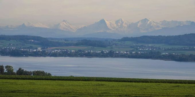 Land, Wasser und Berge: Der Murtensee mit den Berner Hochalpen im Hintergrund, zvg. Land, Wasser und Berge: Der Murtensee mit den Berner Hochalpen im Hintergrund, zvg.