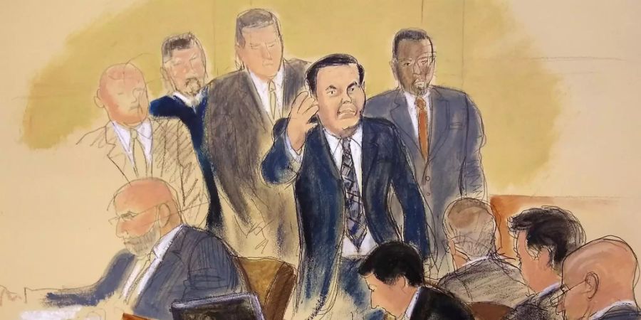 Eine Karikatur zeigt den Prozess von «El Chapo».
