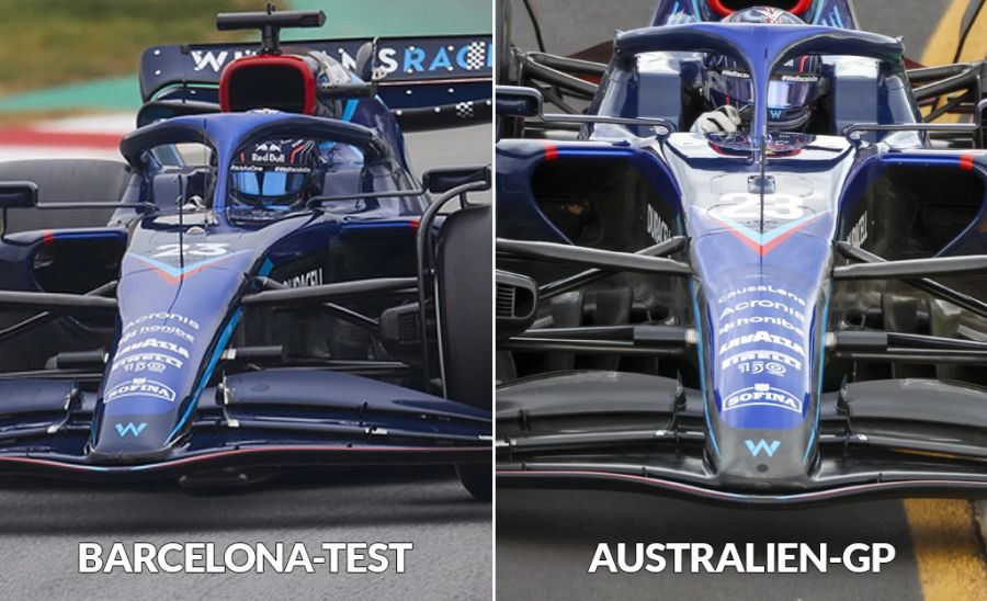 Direkter Vergleich: Beim Barcelona-Test sind Nase und Frontflügel noch blau lackiert. In Australien ist das Carbon nackt.