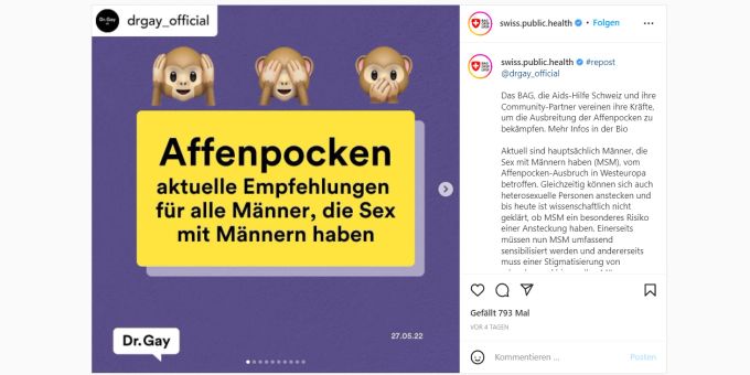 Die Kampagne von BAG und Partnerorganisiationen bezüglich Ansteckung mit Affenpocken auf Instagram ist in vier Sprachen verfügbar. Affenpocken BAG Kampagne Homosexuelle